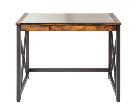modern glass top computer desk with sturdy metal frame, featuring rustic wooden drawer. Ideal for home or office use, combining style and functionality png