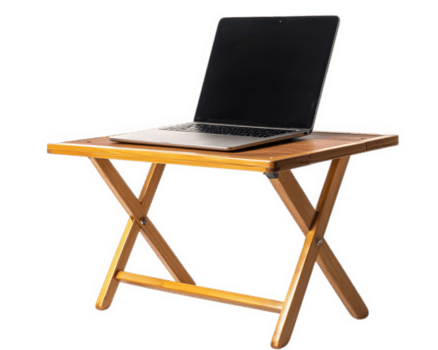 Lightweight portable laptop table with wooden surface and foldable design, perfect for home or office use. Ideal for small spaces and easy to store png