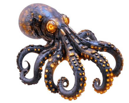 cybernetic octopus with glowing mechanical tentacles, showcasing blend of technology and marine life. Its intricate design features illuminated elements, creating captivating visual png