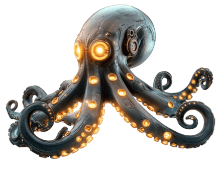 cibernético pulpo con brillante mecánico tentáculos, exhibiendo mezcla de tecnología y marina vida. sus intrincado diseño y luminoso caracteristicas crear cautivador visual experiencia png