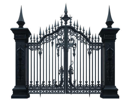 gothic style iron gate with pointed spikes and intricate designs, exuding mysterious and elegant aura. Perfect for enhancing any architectural setting png