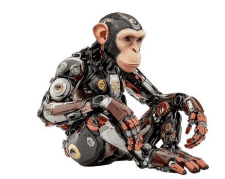 robótico mono con metálico extremidades se sienta en futurista pose, exhibiendo avanzado tecnología y diseño. sus intrincado detalles realce mezcla de creatividad y innovación png