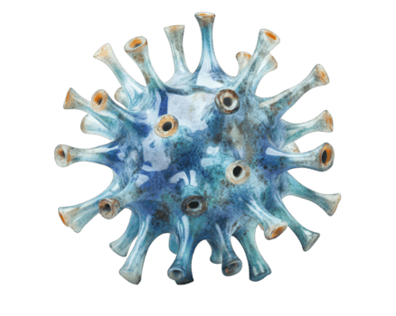 colorida vírus modelo com saliente espigões, exibindo intrincado detalhes e texturas, conjunto contra transparência fundo. isto representação luzes estrutura e complexidade do viral formulários png