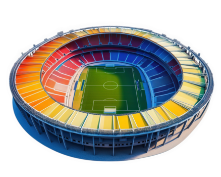 beschwingt Stadion mit bunt Design, mit Grün Feld und Sitzplätze Bereiche im verschiedene Farbtöne. diese einzigartig Struktur steht aus mit es ist kreisförmig gestalten und hell Farben png