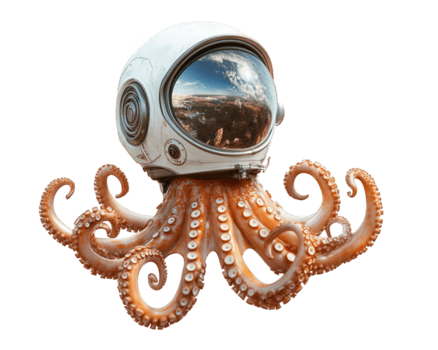 mentecato pulpo vistiendo espacio casco, flotante en cero gravedad, exhibiendo caprichoso y aventurero espíritu. reflexión en casco agrega toque de preguntarse png