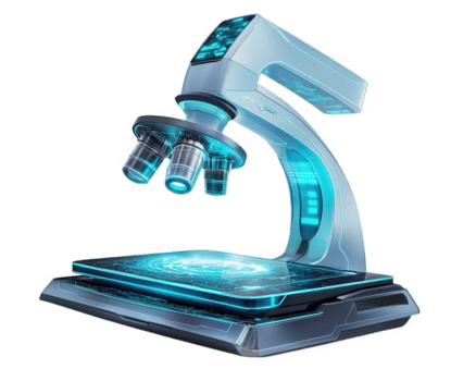 futuristic holographic microscope with sleek design, projecting 3D image on its surface, showcasing advanced technology and innovation in scientific research png