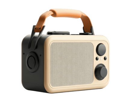 Compact portable radio with built in handle, perfect for outdoor use. Its stylish design and functionality make it ideal companion for music lovers on go png