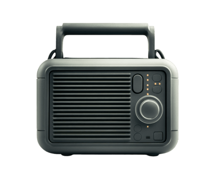 Compact portable radio with built in handle, perfect for outdoor use. Its sleek design and user friendly controls make it ideal companion for music lovers on go png