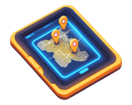 Interactive digital tablet displaying map with location markers, showcasing modern technology and navigation features png