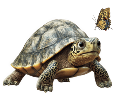 turtle with funny expression is trying to catch butterfly, showcasing playful interaction in nature. scene captures charm of wildlife and curiosity of animals png