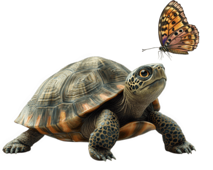 tartaruga con curioso espressione è scherzosamente provando per catturare la farfalla. scena cattura capriccioso momento nel natura, in mostra tartaruga vivace conchiglia e farfalla colorato Ali png