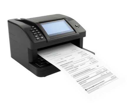 thermal receipt printer with printed invoice emerging from it, showcasing modern technology and efficiency in printing. Ideal for retail and business environments png