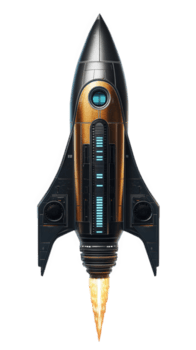Futuristic rocket with sleek design and glowing elements, ready for launch. metallic body features blend of colors and intricate details, showcasing advanced technology and innovation png