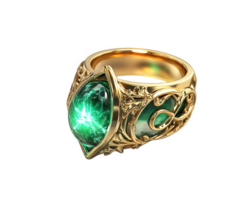 maravilloso oro anillo presentando grande verde piedra preciosa, intrincadamente diseñado con mágico motivos y elegante detallando, radiante místico energía png