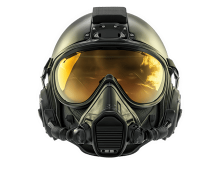 pilot flight helmet featuring sun visor and oxygen mask, designed for high altitude missions. reflective visor adds striking visual element, enhancing helmet functionality and style png