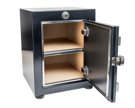 fireproof and waterproof document safe with open door, featuring two shelves for storage. This essential item provides security for important documents and valuables png