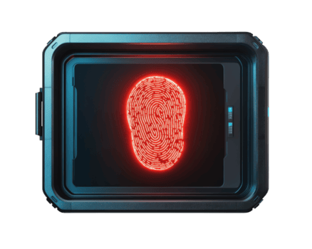 biometric fingerprint scanner displaying red fingerprint on high security device. This advanced technology ensures secure access and identity verification png