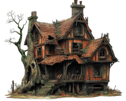 frequentato Casa con storto muri, contorto architettura, e misterioso albero. struttura Caratteristiche rustico design con Esposto alle intemperie aspetto esteriore, evocando senso di mistero e intrighi png