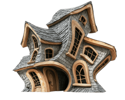 capriccioso frequentato Casa con storto muri e contorto architettura, con unico finestre e giocoso design quello evoca curiosità e intrighi png