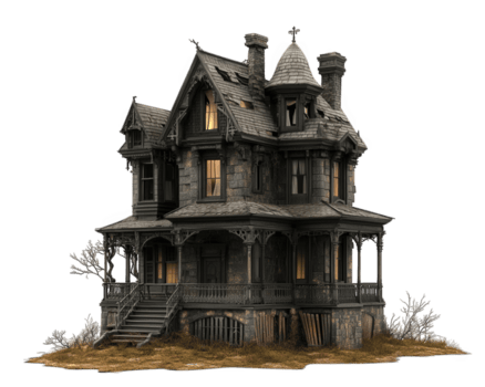 modern achtervolgd huis met hoog tech veiligheid Kenmerken, omringd door griezelig bomen en mysterieus atmosfeer. architectuur mengsels gotisch elementen met hedendaags ontwerp png