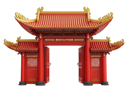 grand ancient Chinese palace entrance featuring vibrant red wooden gates adorned with intricate golden details, symbolizing cultural heritage and architectural beauty png