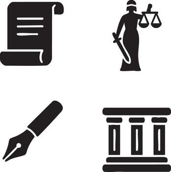 negro legal y documentación iconos, Desplazarse, justicia estatua, bolígrafo punta, palacio de justicia pilares vector