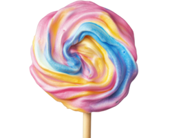 vistoso remolino pirulí con vibrante rosa, azul, y amarillo matices, Perfecto para dulce trata y caramelo amantes encantador y ojo atrapando confitería articulo png