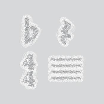 Music notation glyph set with lowercase b, flat symbol, number 4, and list bullets vector