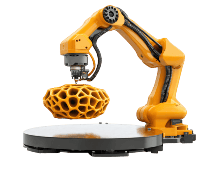 robótico brazo montaje 3d impreso objeto en circular plataforma, exhibiendo avanzado tecnología y precisión en fabricación. vibrante naranja color agrega moderno toque a escena png