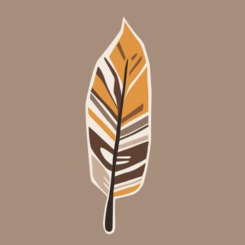 A feather with a brown and tan color. It is on a brown background. The feather is long and thin vector