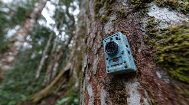 Close-Up of Forest Camera Trap Installed on Tree Bark with Soft Background photo
