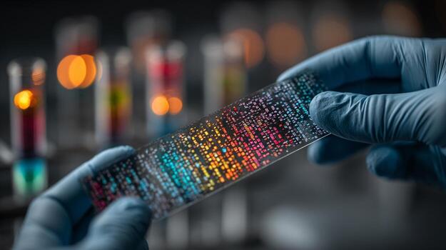 Close-Up of Hands Grasping a DNA Microarray Slide in a Lab Setting photo