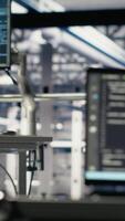 Vertical Artificial intelligence technology on notebook in industrial data center facility helping power internet services. AI coding script running on laptop in server farm built for digital storage systems video