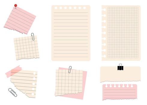 Notebook labels. Paper notes on stickers, notepads and memo messages torn paper sheets. vector