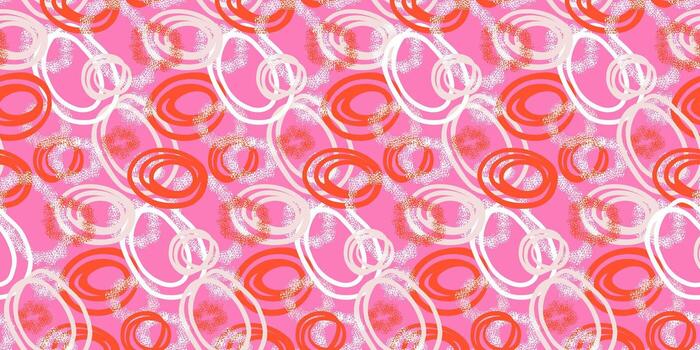 Modern abstract pattern featuring dynamic overlapping circles with dotted textures in orange and white on a bright pink background. Artistic and energetic design for textiles, wallpapers vector