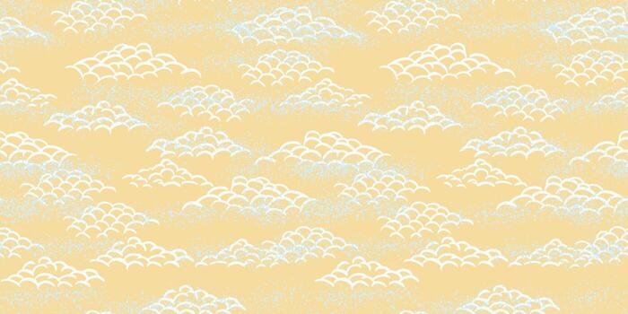 Seamless pattern with stylized hand drawn clouds in an Asian inspired design. White curved line clouds on a soft yellow background with a subtle textured effect. Ideal for textiles, wallpaper vector