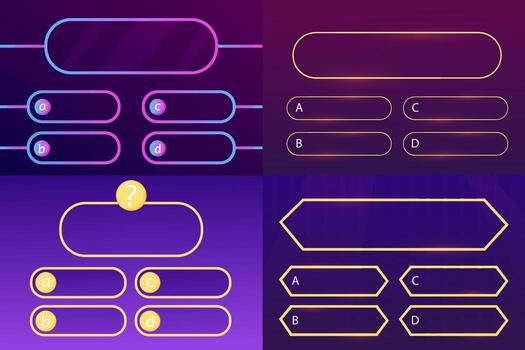 Quiz question set interface game menu, show answer trivia template background. Multiple choice frame, button. Bar ui challenge. vector