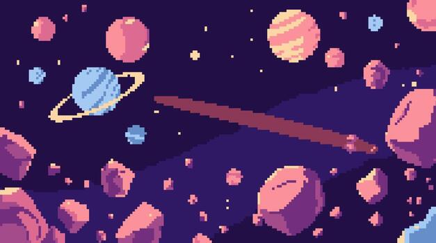 Pixelated Space Scene with Planets and Asteroids vector