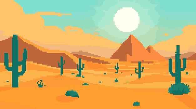 Pixelated Desert Oasis with Pyramids and Cacti Landscape vector