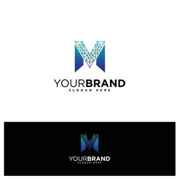 Digital M Letter with network connected circle dots and lines logo vector