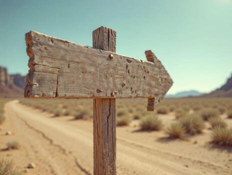 Old wooden signpost in desert with mountain backdrop photo