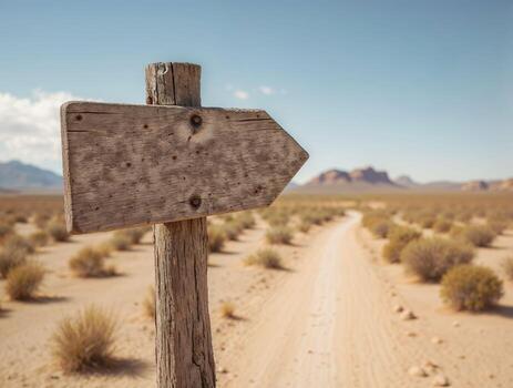 Empty wooden signpost in desert points to the horizon photo
