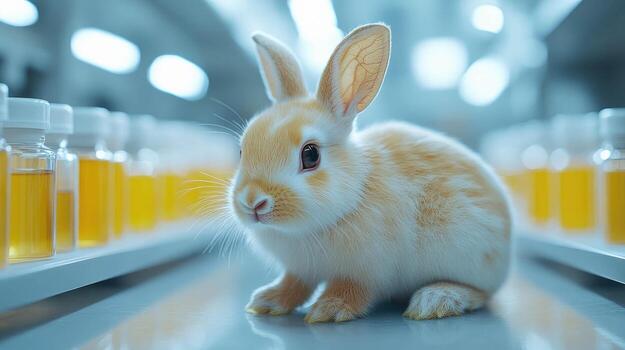 A small rabbit is sitting on a shelf in front of a row of bottles photo