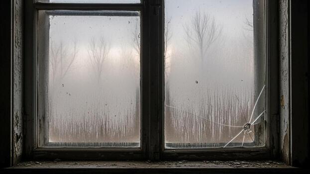 An abandoned window with a broken pane and trees in the background photo
