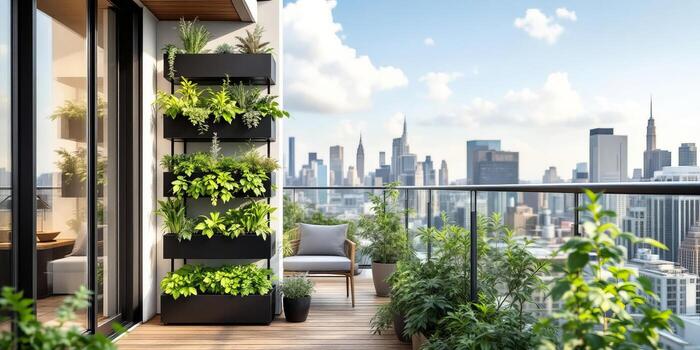 Natural integration of plants and concrete showcased in balcony oasis, biophilic principles merging modern aesthetics with ecological harmony, ideal for sustainable storytelling. photo
