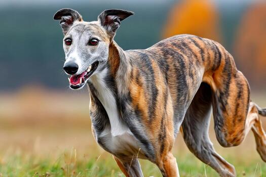 Whippet running in a field, showing brindle pattern and graceful movement photo