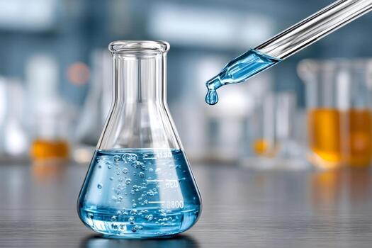 Pipette adding blue chemical liquid to erlenmeyer flask in laboratory photo