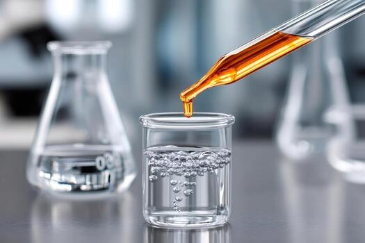 Scientist dropping liquid with pipette into beaker during experiment in laboratory photo