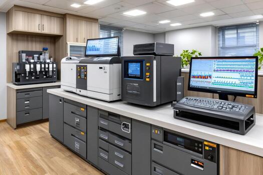 Modern laboratory showing advanced equipment and computers analyzing data photo