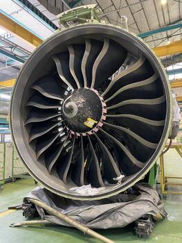 Aviation turbine blade assembly exposed for aircraft engine servicing photo